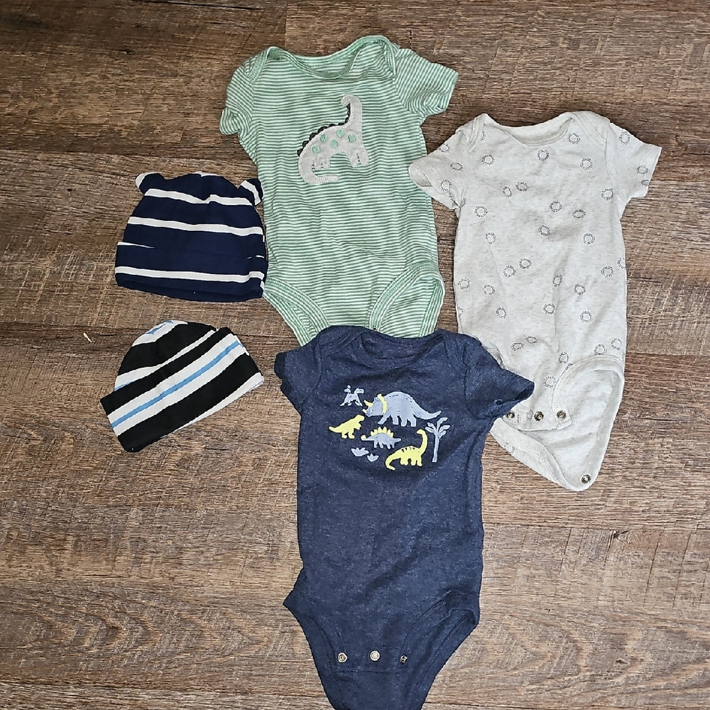 Carter's Green, Gray, and Navy onsies with Hats